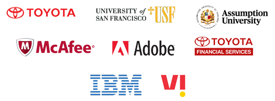 Logos of clients including Toyota, University of San Francisco, Assumption University, McAfee, Adobe, Toyota Financial Services, IBM, and Vi